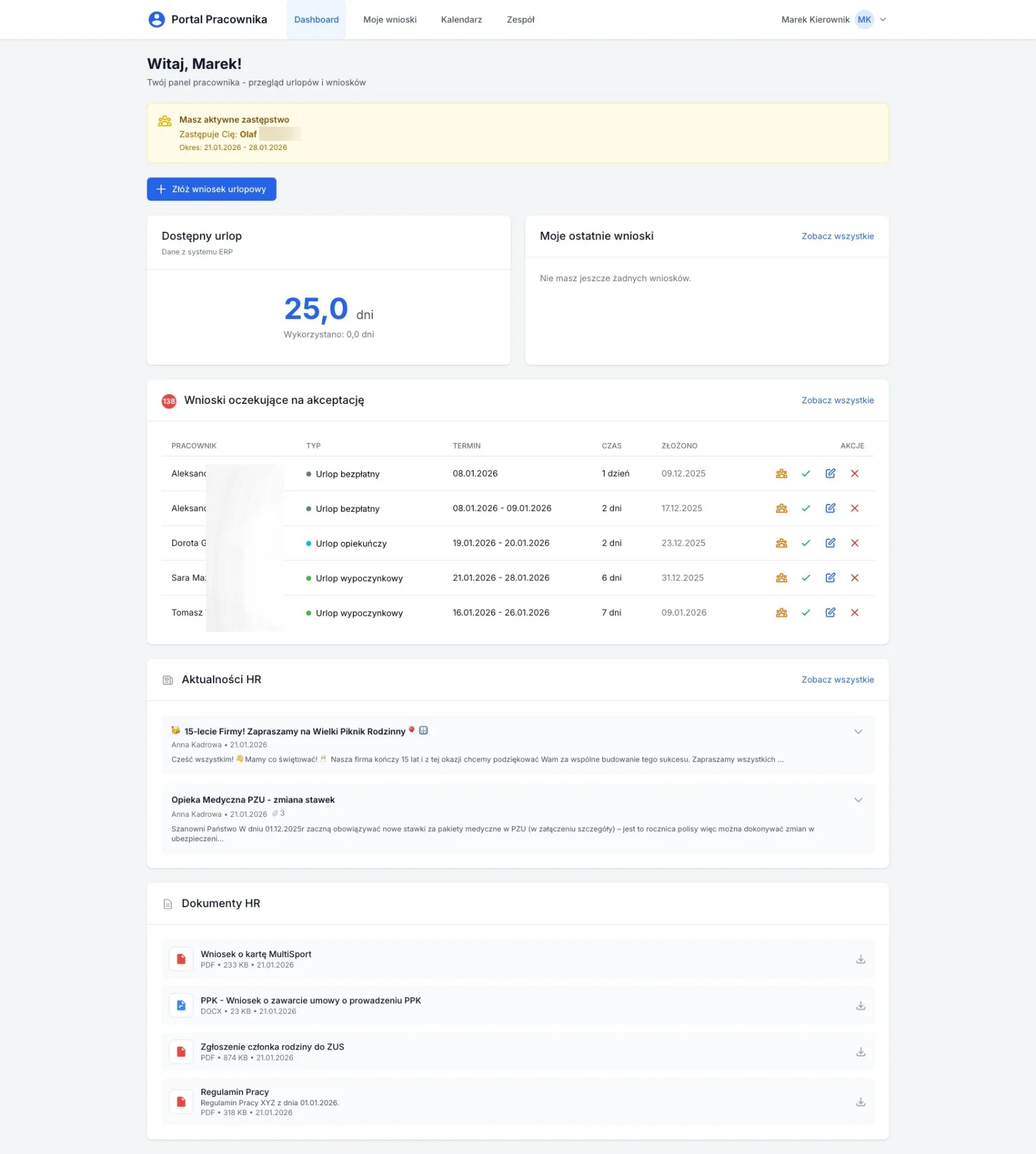Panel managera SimpleJob - zarządzanie urlopami zespołu